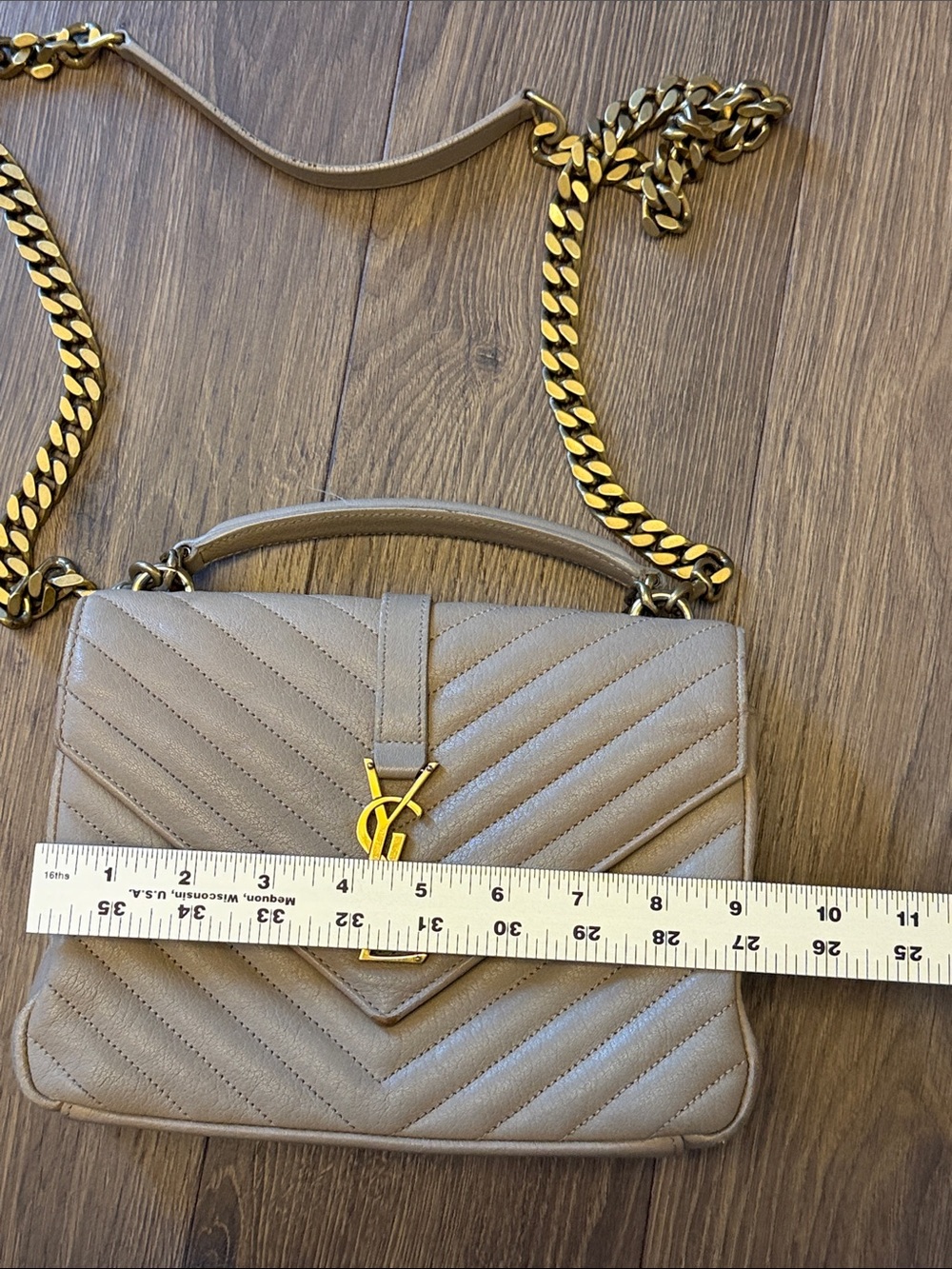 100% AUTH YSL Saint Laurent Dark Beige Sheepskin Matelassé Chevron College Bag - Picture 5 of 14